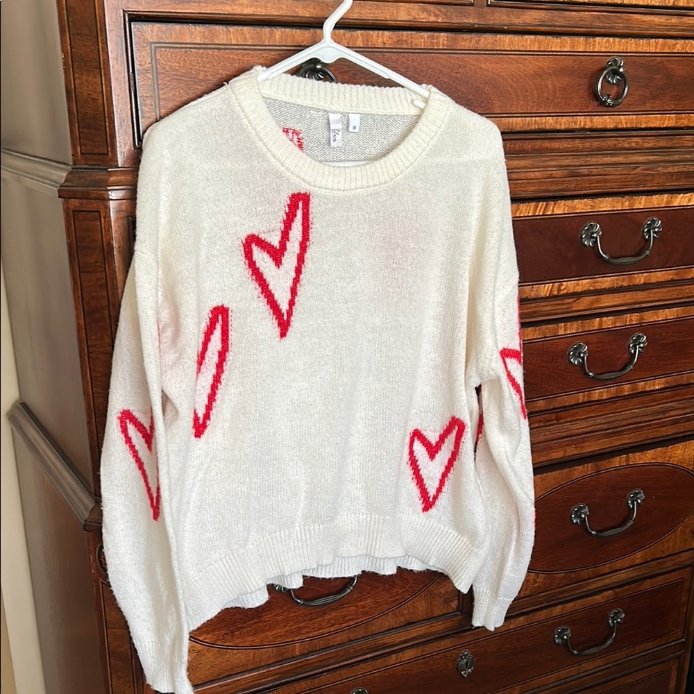 White Crew Neck Sweater with Red Heart Design